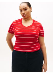 V-Shirt Tommy Hilfiger Curve "CRV SLIM CODY V-NK SS", Damen, Gr. 48, fine stp fireworks, calico, Single Jersey, Obermaterial: 100% Baumwolle, gestreift, slim fit normal, V-Ausschnitt, abgesteppte Kante, Shirts V-Shirt, in gro&szlig;en Gr&ouml;&szlig;en, Baumwoll-Qualit&auml;t