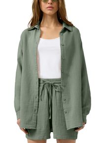 Langarmbluse QS, Damen, Gr. 36, olive, Crash, Obermaterial: 100% Baumwolle, unifarben, l&auml;ssig geschnitten Po-bedeckend, Rundhals, 1-Knopf-Manschette, Blusen Langarmbluse, Bluse extra lang, in Crashed-Optik