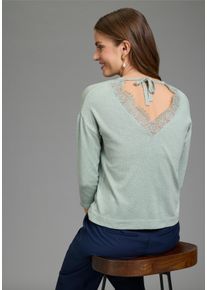 3/4 Arm-Pullover Laura Scott, Damen, Gr. 44, salbei, Feinstrick, Obermaterial: 70% Viskose, 30% Polyamid, unifarben, figurumspielend h&uuml;ftlang, Rundhals, Strickkante, Pullover 3/4 Arm-Pullover, aus Viskosemischung mit femininem Spitzeneinsatz und Schleifendetail