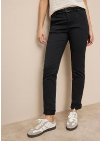 Chinohose AJC, Damen, Gr. 46, N-Gr, schwarz, Web, Obermaterial: 98% Baumwolle, 2% Elasthan, kontrastfarbene Details, unifarben, gerade, unten schmal lang, Hosen Chinohose, in l&auml;ssiger Form mit konstrastfarbendem G&uuml;rtel