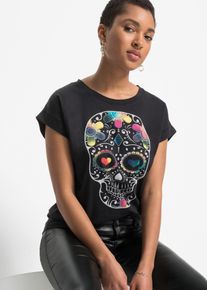 T-Shirt bonprix, Damen, Gr. 44/46 (L), schwarz (schwarz bedruckt), Obermaterial: 50% Baumwolle, 50% Viskose, bequem, Shirts T-Shirt, bequeme Passform, Kurzarm-Design, aus Baumwolle und Viskose