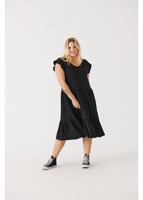 Jerseykleid Only CARMAKOMA "CARMAY LIFE CAP SL FRILL DRESS JRS NOOS", Damen, Gr. L (50/52), N-Gr, schwarz, Jersey, Obermaterial: 100% Baumwolle, unifarben, regular fit, V-Ausschnitt, Kleider Jerseykleid, Sommerkleid