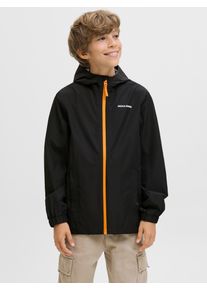 Jack & Jones Regenjacke JACK & JONES JUNIOR "JJEFLYNN RAIN JACKET SN JNR", Kinder, Gr. 128, schwarz (schwarz detail:schwarz cheddar zipper), Web, Obermaterial: 100% Polyester, unifarben mit Farbeinsatz, regular fit normal, elastischer Bund, Jacken Regenjacke
