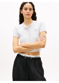 Strickjacke Tommy Jeans "TJW ESSENTIAL SS RIB CARDIGAN", Damen, Gr. XS (34), ice grau heather, Strick, Obermaterial: 65% Baumwolle, 35% Polyamid, meliert, figurbetont h&uuml;ftlang, Rundhals, gewellter Abschluss, Strickjacken Strickjacke, mit gerippter Struktur, Slim Fit