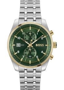 Chronograph BOSS "SKYTRAVELLER", silber (silberfarben, dunkelgr&uuml;n), Armbanduhren, Herren, Chronograph, Quarzuhr, Herrenuhr, Armbanduhr, Stoppfunktion, Edelstahlarmband