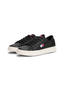 Plateausneaker Tommy Jeans "TJW LIGHTWEIGHT COURT SNEAKER", Damen, Gr. 39, schwarz, Leder, unifarben mit Farbeinsatz, Schuhe Plateausneaker, Freizeitschuh, Halbschuh, Schn&uuml;rschuh mit plakativer Logoflag