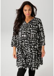 Longbluse ANISTON PLUS, Damen, Gr. 48, schwarz-wei&szlig; (schwarz, wei&szlig;), Web, Obermaterial: 100% Viskose, bedruckt, gemustert, l&auml;ssig geschnitten ca. Mitte Oberschenkel, V-Ausschnitt, Krempel&auml;rmel, Blusen Longbluse, mit aussagekr&auml;ftigem Alloverdruck