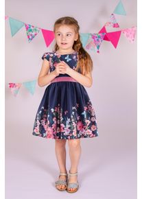 Sommerkleid happy girls, M&auml;dchen, Gr. 128, N-Gr, blau (navy), Web, Obermaterial: 95% Baumwolle, 5% Elasthan. Futter: 100% Baumwolle, bedruckt, gebl&uuml;mt, regular fit knielang, Rundhals, Fl&uuml;gel&auml;rmel, Kleider Sommerkleid