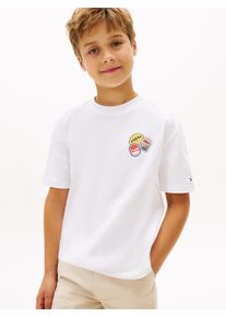 T-Shirt Tommy Hilfiger "STICKER PRINT GRAPHIC T-SHIRT", M&auml;dchen, Gr. 10 (140), wei&szlig;, Single Jersey, Obermaterial: 100% Baumwolle, unifarben, normal, Rundhals, abgesteppte Kante, Shirts T-Shirt, Kinder bis 16 Jahre, mit Sticker-Print