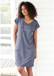 Nachthemd Vivance Dreams, Damen, Gr. 32/34, N-Gr, blau (dunkelblau), Single Jersey, Obermaterial: 50% Baumwolle, 50% Viskose, bedruckt, unifarben, Basic, loose fit kurz, Rundhals, angeschnitten, Kleider Nachthemd, mit Sommer-Statementdruck