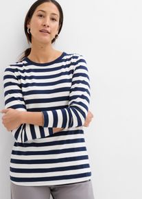 Langarmshirt bonprix, Damen, Gr. 44/46 (L), dunkelblau, wollwei&szlig; gestreift, Jersey, Obermaterial: 100% Baumwolle, geringelt, gestreift, bequem Po-bedeckend, Rundhals, Shirts Langarmshirt, Langarm, Ringel, aus reiner Baumwolle