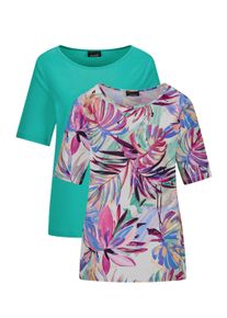 Kurzarmshirt GOLDNER "Elegantes Shirt-Duo mit Muster-Mix", Damen, Gr. 38, blau (t&uuml;rkis, t&uuml;rkis, gemustert), Obermaterial: 95% Viskose CV. 5% Elasthan EL., gerade, U-Boot-Ausschnitt, Shirts Kurzarmshirt, stretchbequemer Viskosejersey