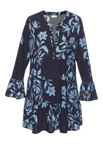 Strandkleid Lascana, Damen, Gr. 36/38, N-Gr, blau (blau, marine bedruckt), Web, Obermaterial: 100% Viskose, bedruckt, figurumspielend ca. Mitte Oberschenkel, Rundhals, Volant, Kleider Strandkleid