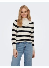 Stehkragenpullover Only "ONLLEISE FREYA LS ZIP HIGH NECK KNT NOOS", Damen, Gr. S, beige (birch stripes:schwarz), Strick, Obermaterial: 85% Polyacryl, 8% Polyamid, 7% Polyester, gestreift, normal, Rippstrickb&uuml;ndchen, Pullover Stehkragenpullover, mit Streifenmuster