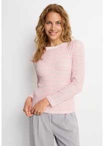 Langarmshirt Lascana, Damen, Gr. 40/42, blau (creme, rot gestreift), Rippware, Obermaterial: 95% Baumwolle, 5% Elasthan, gestreift, figurbetont h&uuml;ftlang, Rundhals, Shirts Langarmshirt, aus Rippware, Streifenshirt