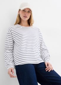 Langarmshirt bonprix, Damen, Gr. 44/46 (L), wei&szlig;, dunkelblau gestreift, Jersey, Obermaterial: 100% Baumwolle, geringelt, gestreift, loose fit h&uuml;ftbedeckend, Rundhals, weit angesetztes B&uuml;ndchen, Shirts Langarmshirt, lockere Passform mit &uuml;berschnittenen Schultern, mit Ballon-&Auml;rmeln