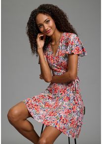 Sommerkleid Laura Scott, Damen, Gr. 44, N-Gr, koralle, gebl&uuml;mt, Single Jersey, Obermaterial: 95% Viskose, 5% Elasthan, gebl&uuml;mt, figurbetont kurz, tiefer V-Ausschnitt, Kleider Sommerkleid, femininer Stil, f&uuml;r warme Tage, aus Single Jersey, Kurzarm