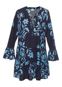 Strandkleid Lascana, Damen, Gr. 40/42, N-Gr, blau (blau, marine bedruckt), Web, Obermaterial: 100% Viskose, bedruckt, figurumspielend ca. Mitte Oberschenkel, Rundhals, Volant, Kleider Strandkleid