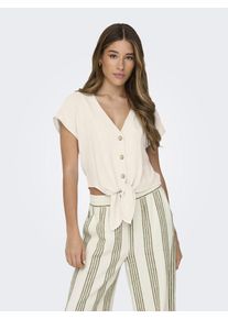 Kurzarmbluse Only "ONLSIESTA SS KNOT LIN BL SHIRT PNT NOOS", Damen, Gr. S, buttercream, Web, Obermaterial: 80% Viskose, 20% Leinen, unifarben, regular fit kurz, V-Ausschnitt, Blusen Kurzarmbluse, Viskosemischung, regular fit