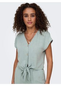 Kurzarmbluse Only "ONLSIESTA SS KNOT LIN BL SHIRT PNT NOOS", Damen, Gr. S, abyss, Web, Obermaterial: 80% Viskose, 20% Leinen, unifarben, regular fit kurz, V-Ausschnitt, Blusen Kurzarmbluse, Viskosemischung, regular fit