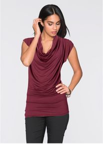 T-Shirt bonprix, Damen, Gr. 48/50 (XL), bordeaux, Jersey, Obermaterial: 95% Viskose, 5% Elasthan, unifarben, figurbetont h&uuml;ftbedeckend, tiefer Rundhals, angeschnitten, Shirts T-Shirt, figurbetonte Passform, mit Wasserfallkragen und Raffungen