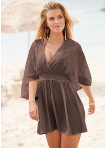 Tunikakleid Lascana, Damen, Gr. 38, N-Gr, dunkelbraun, Web, Obermaterial: 100% Viskose. Oberteil: 100% Polyamid. Unterteil: 100% Viskose, unifarben, figurumspielend kurz, V-Ausschnitt, Volant, Kleider Tunikakleid, mit weiten &Auml;rmeln, aus Spitze, Blusenkleid, Strandmode