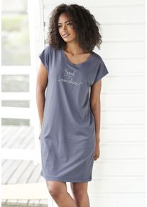 Nachthemd Vivance Dreams, Damen, Gr. 40/42, N-Gr, blau (dunkelblau), Single Jersey, Obermaterial: 50% Baumwolle, 50% Viskose, bedruckt, unifarben, Basic, loose fit kurz, Rundhals, angeschnitten, Kleider Nachthemd, mit Sommer-Statementdruck