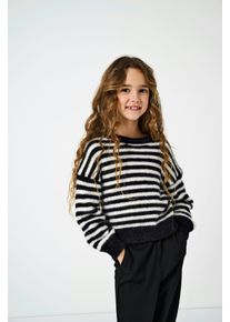Rundhalspullover KIDS Only "KOGNEWPIUMO L/S PULLOVER CP KNT NOOS", M&auml;dchen, Gr. 158/164, schwarz (schwarz stripes), Strick, Obermaterial: 70% Nylon, 30% Polyamid, gestreift, regular fit normal, Rundhals, B&uuml;ndchen, Pullover Rundhalspullover, Kunstfaser