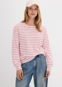 Langarmshirt bonprix, Damen, Gr. 44/46 (L), wei&szlig;, erdbeere gestreift, Jersey, Obermaterial: 100% Baumwolle, geringelt, gestreift, loose fit h&uuml;ftbedeckend, Rundhals, weit angesetztes B&uuml;ndchen, Shirts Langarmshirt, lockere Passform mit &uuml;berschnittenen Schultern, mit Ballon-&Auml;rmeln
