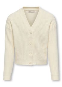 Strickjacke KIDS Only "KOGMANDY LS SHORT BOXY CARDIGAN KNT NOOS", M&auml;dchen, Gr. 110/116, beige (birch), Strick, Obermaterial: 50% Viskose, 27% Nylon, 23% Polyester, unifarben, regular fit h&uuml;ftlang, V-Ausschnitt, Strickkante, Strickjacken Strickjacke, Viskosemischung, regular fit