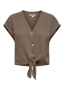 Kurzarmbluse Only "ONLSIESTA SS KNOT LIN BL SHIRT PNT NOOS", Damen, Gr. M, walnut, Web, Obermaterial: 80% Viskose, 20% Leinen, unifarben, regular fit kurz, V-Ausschnitt, Blusen Kurzarmbluse, Viskosemischung, regular fit