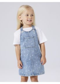 Jeanskleid name it "NMFROSA SHORT DNM BIBSKIRT 3555-ON F", M&auml;dchen, Gr. 122, N-Gr, medium blau denim aop:flower, Denim/Jeans, Obermaterial: 74% Baumwolle, 24% Polyester, 1% Elasthan, 1% Viskose, bedruckt, kurz, Kleider Jeanskleid, Denim Baumwollmischung, zarter Allover Print