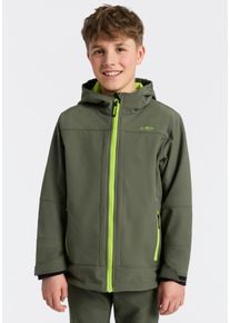 Softshelljacke CMP "KID SOFTSHELL JACKET FIX HOOD", Jungen, Gr. 152, oil gr&uuml;n, Softshell, Obermaterial: 96% Polyester, 4% Elasthan. Futter: 100% Polyester. Innenseite: 100% Polyester, hoch geschlossener Ausschnitt, eingesetzt,mit &Auml;rmeleinsatz angesetztes B&uuml;ndchen mit Klettverschluss,verstellbar, Jacken Softshelljacke, mit Clima Protect Membran, wasserabweisend, atmungsaktiv
