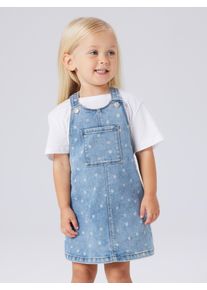 Jeanskleid name it "NMFROSA SHORT DNM BIBSKIRT 3555-ON F", M&auml;dchen, Gr. 110, N-Gr, medium blau denim aop:flower, Denim/Jeans, Obermaterial: 74% Baumwolle, 24% Polyester, 1% Elasthan, 1% Viskose, bedruckt, kurz, Kleider Jeanskleid, Denim Baumwollmischung, zarter Allover Print