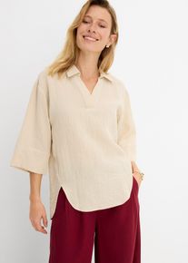 bonprix Tunika aus softem Viskose-Mix, beige, Gr.36, Weit geschnittene Hemdbluse mit V-Ausschnitt, leicht vorverlegten N&auml;hten und 3/4-Arm, aus Viskose