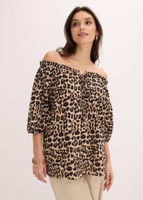 bonprix Kurzarmbluse aus reiner Bio-Baumwolle, beige, Gr.42, Mit Bindeband und Volant am Ausschnitt, aus 100% Baumwolle