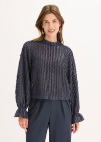 bonprix Bluse aus strukturiertem Material, blau, Gr.48, Blusentop mit kleinem Stehkragen und elastischem R&uuml;schenabschluss am &Auml;rmel