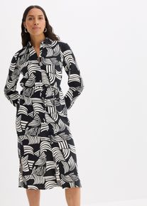 bonprix Blusenkleid aus leichtem Leinen-Mix, schwarz, Gr.42, modisch bedrucktes Blusenkleid in Midil&auml;nge aus leichtem Leinen-Mix mit Bindeband in der Taille und Seitenschlitzen, aus Leinen