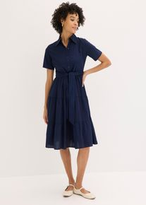 bonprix Blusenkleid aus elastischem Baumwoll-Mix, blau, Gr.48, Hemdblusenkleid mit Bindeband, aufgesetzte Pattentaschen und Volantsrock, 97% Baumwolle