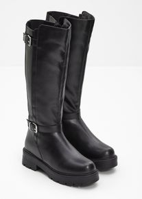 bonprix Plateau-Stiefel, schwarz, Gr.39, Warmgefutterter Stiefel mit dekorativen Schnallen und Elastik-Eins&auml;tzen