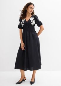 bonprix Midikleid mit Stickerei, schwarz, Gr.48, sommerliches Midikleid aus festem Baumwoll-Popelin mit dekorativer Stickerei und Puff&auml;rmeln, 97% Baumwolle