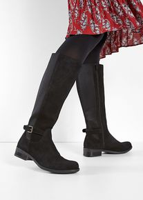 bonprix Weitschaftstiefel aus Leder, schwarz, Gr.41, Zeitloser Weitschaftstiefel aus Leder mit dekorativer Schnalle, aus Veloursleder