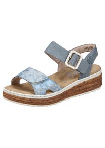 Plateausandale Rieker, Damen, Gr. 40, blau (jeansblau), Lederimitat, metallic, Schuhe Plateausandale, Sandalette, Sommerschuh, Keilsandale mit praktischen Klettverschl&uuml;ssen