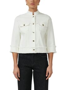 Kurzblazer s.Oliver BLACK LABEL, Damen, Gr. 44, cream, Web, Obermaterial: 50% Baumwolle, 40% Viskose, 8% Polyester, 2% Elasthan, unifarben, l&auml;ssig geschnitten h&uuml;ftlang, Rundhals, leicht ausgefranste Kante, Blazer Kurzblazer, 3/4-Arm mit Fransen und goldener Knopfleiste