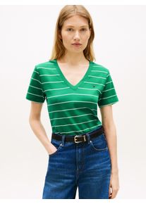 T-Shirt Tommy Hilfiger "SLIM CODY V-NECK SHORT SLEEVE", Damen, Gr. XL (46), fine stp courtside gr&uuml;n, ecru, Jersey, Obermaterial: 100% Baumwolle, gestreift, schmal normal, tiefer V-Ausschnitt, abgesteppte Kante, Shirts T-Shirt, aus Baumwolle, Logostickerei, gestreift
