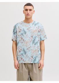 Jack & Jones Rundhalsshirt JACK & JONES "JJHONOLULU AOP TEE SS CREW NECK", Damen, Gr. XL, celestial blau, Jersey, Obermaterial: 100% Baumwolle, bedruckt, regular fit normal, Rundhals, Shirts Rundhalsshirt, Baumwolle, regular fit