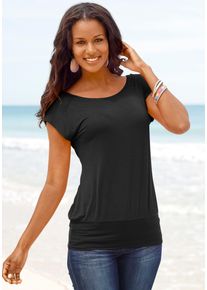 Longshirt Lascana "mit breitem Bund", Damen, Gr. 44/46, schwarz, Obermaterial: 95% Viskose (LENZING&trade; ECOVERO&trade;), 5% Elasthan, unifarben, figurumspielend lang, Rundhals, angeschnitten normaler Saum, Shirts Longshirt, aus weichem Viskose-Stretch, Topseller