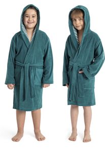 Kinderbademantel Kangaroos "Dalia, Ideal f&uuml;r Zuhause, Schwimmbad oder im Urlaub" Gr. 116, smaragd, L:72cm, Veloursfrottier, Hausm&auml;ntel, Kinderbademantel, Uni-Farben mit Streifen