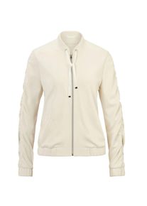 Kurzjacke GOLDNER "Blouson mit klassischen Details", Damen, Gr. 42, beige (stein), Obermaterial: 50% Polyamid PA. 45% Viskose CV. 5% Elasthan EL., Gummib&uuml;ndchen, Jacken Kurzjacke, Zierraffung an &Auml;rmelmitte