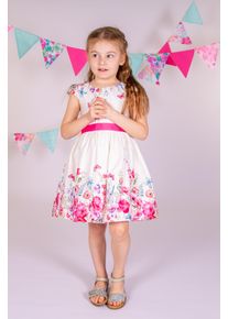 Sommerkleid happy girls, M&auml;dchen, Gr. 104, N-Gr, beige (ecru), Web, Obermaterial: 95% Baumwolle, 5% Elasthan. Futter: 100% Baumwolle, bedruckt, gebl&uuml;mt, regular fit knielang, Rundhals, Fl&uuml;gel&auml;rmel, Kleider Sommerkleid